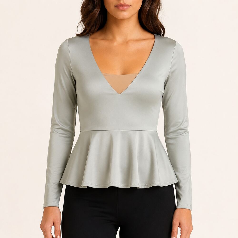 Susana Monaco Sage Gray Deep V Open Back Peplum Top Small